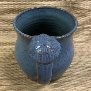 Art Pottery Mug Blue Speckled Shell on Handle Artist Signed￼ DW